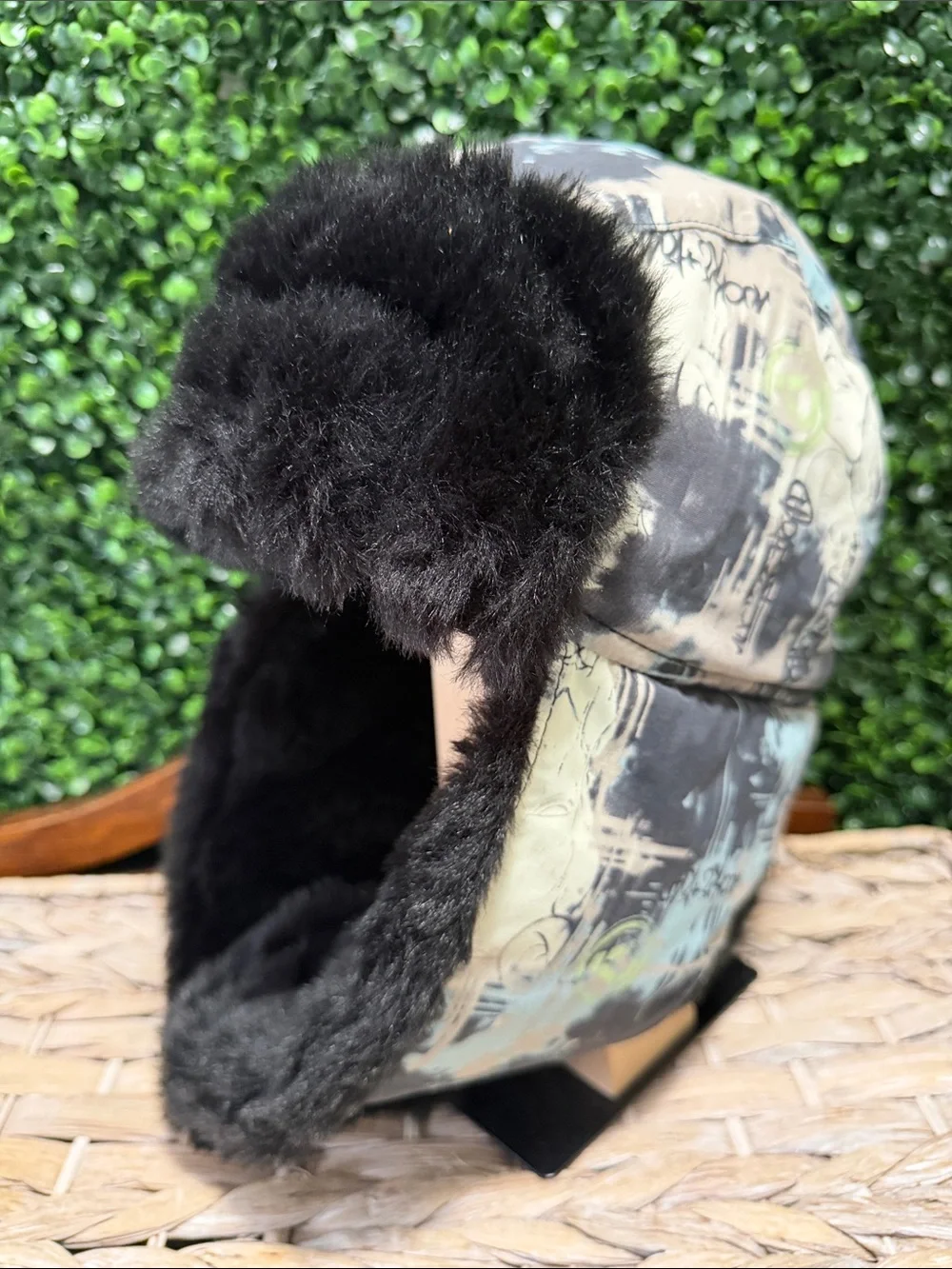 The North Face Black Faux Fur Trapper Hat with Patterned Shell